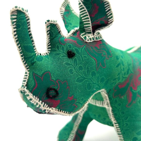 Handmade Green & Pink Floral Damask Fabric Rhino, Baby Shower, Kids Room Decor - Picture 2 of 9